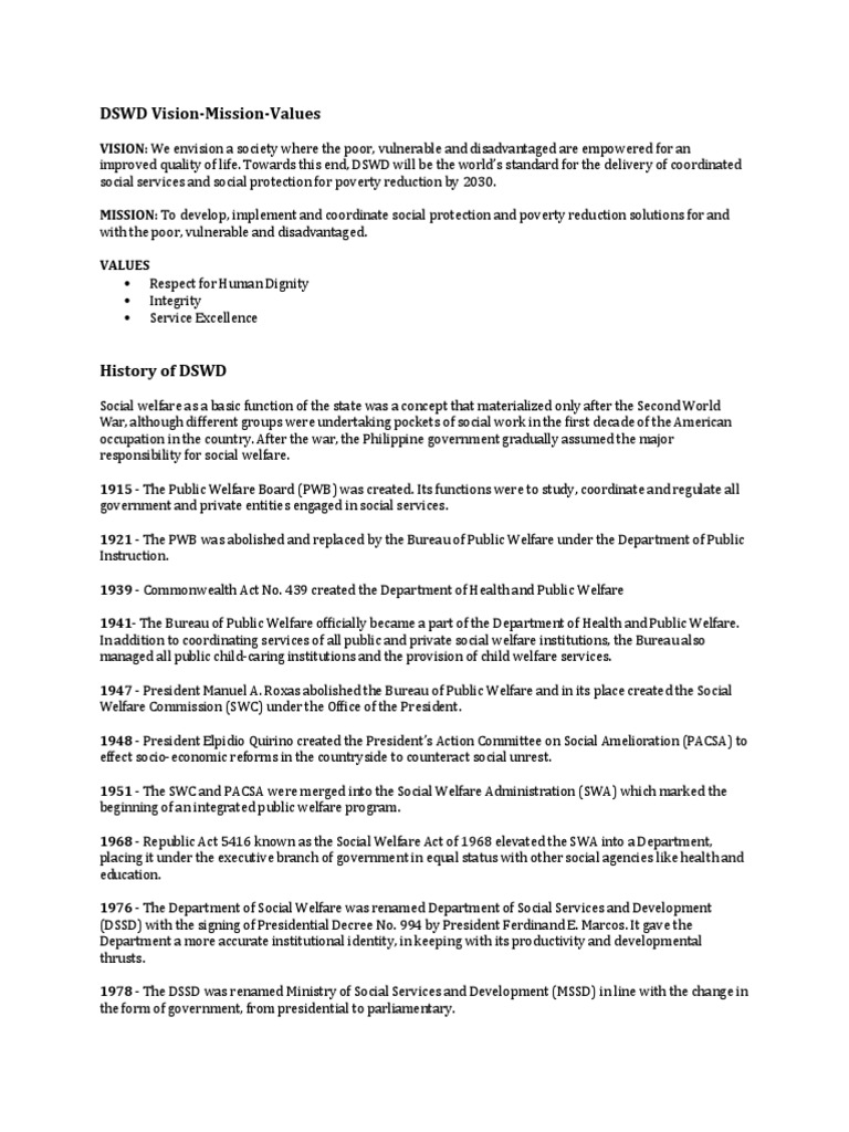 Dswd Vision Mission Values Pdf Human Resources Information Security