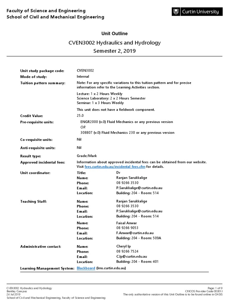 CVEN3002 Hydraulics and Hydrology Semester 2 2019 Bentley Campus INT PDF Academic Dishonesty