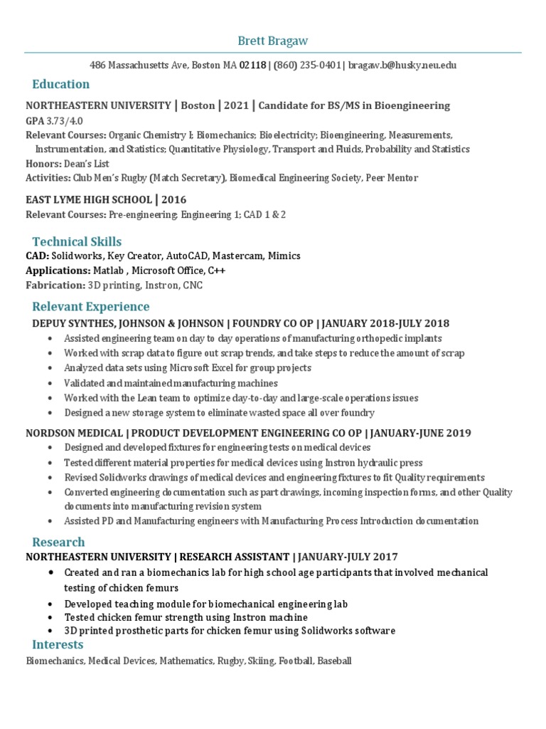 Bioengineering Student Resume Summary | PDF | Biomechanics | Medical Device