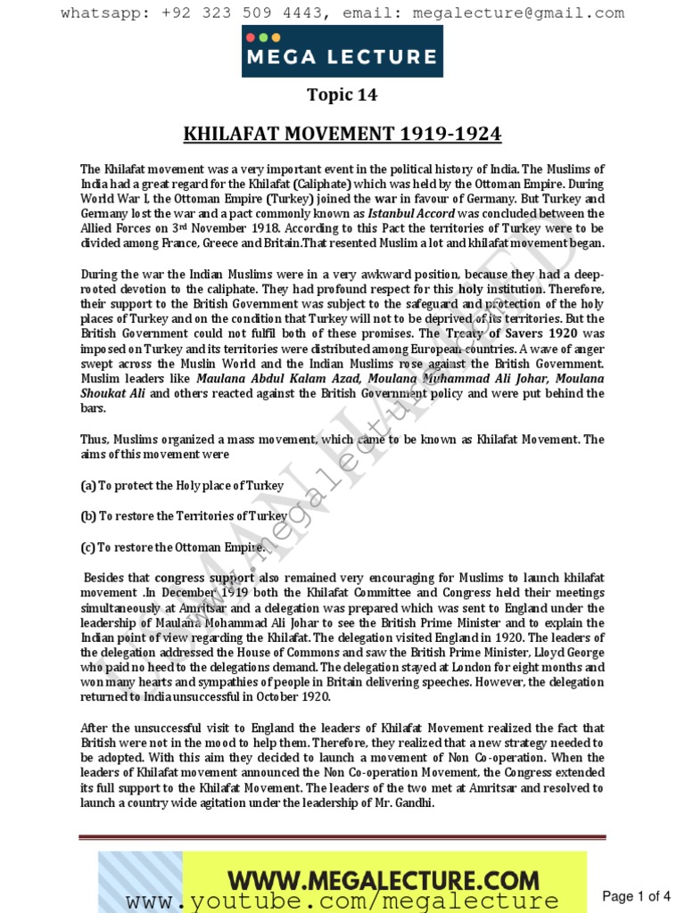 Khilafat Movement 1919 1924 | PDF | Mustafa Kemal Atatürk | Caliphate