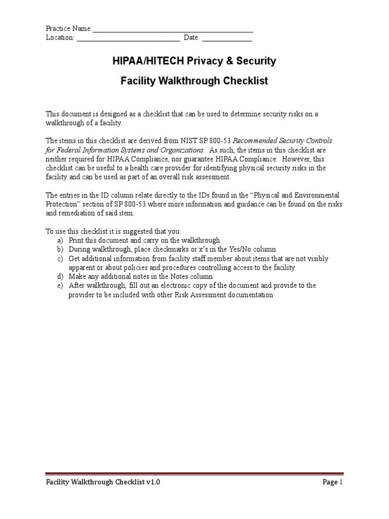 HIPAA Facility Security Checklist | PDF | Health Insurance Portability ...