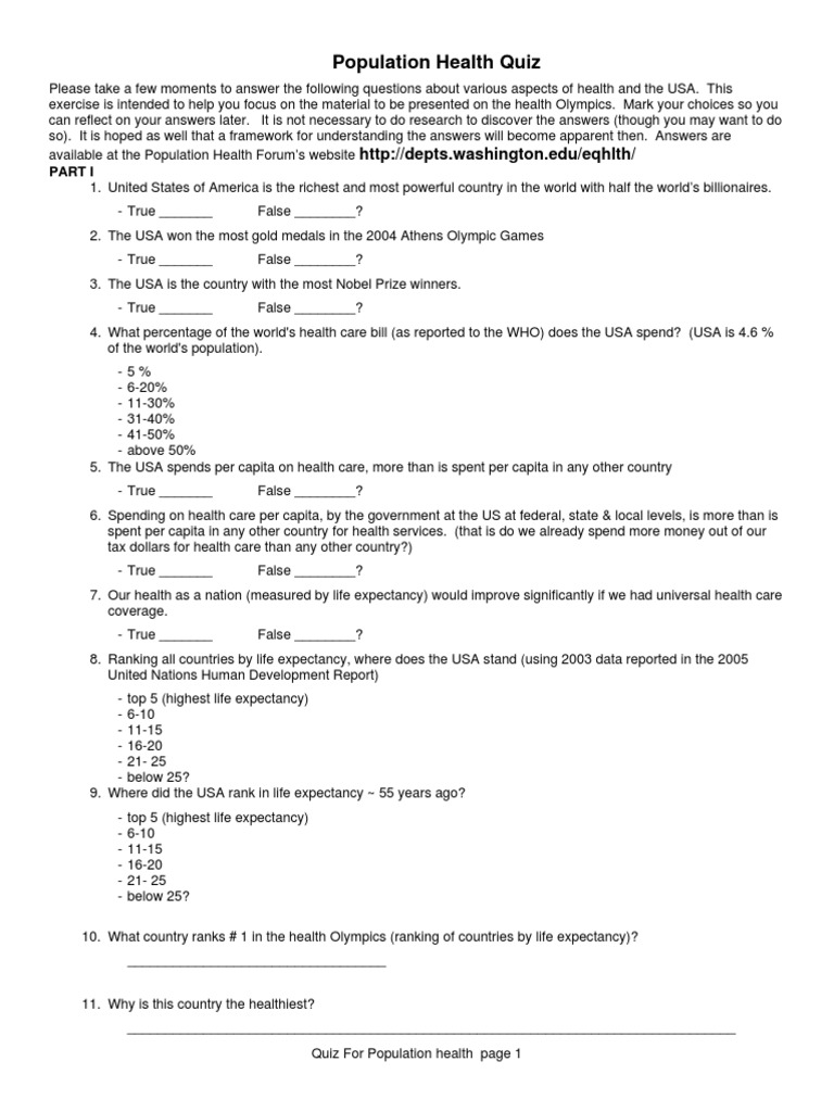 Population Health Quiz 0604 PDF Life Expectancy The United States