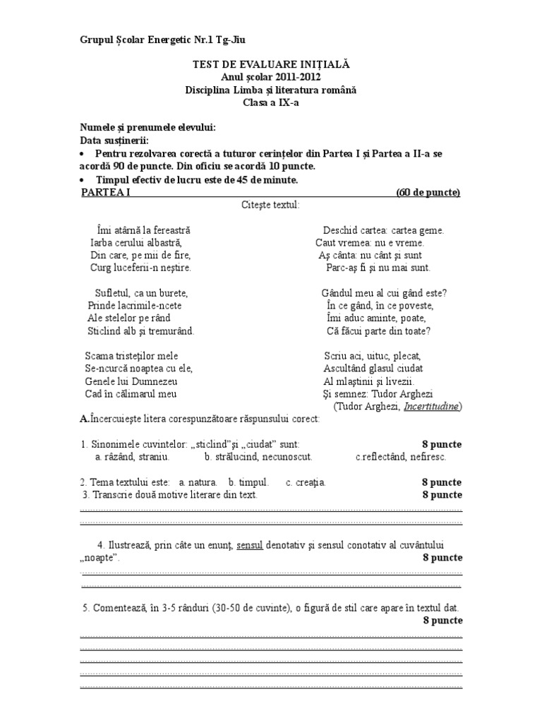 Test de Evaluare Ini Ial Ix | PDF
