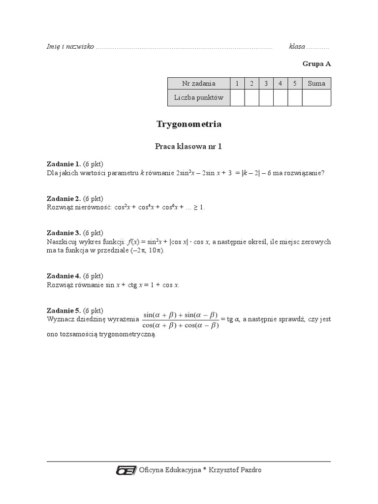 Ułamki Algebraiczne Równania Wymierne Praca Klasowa Nr 1