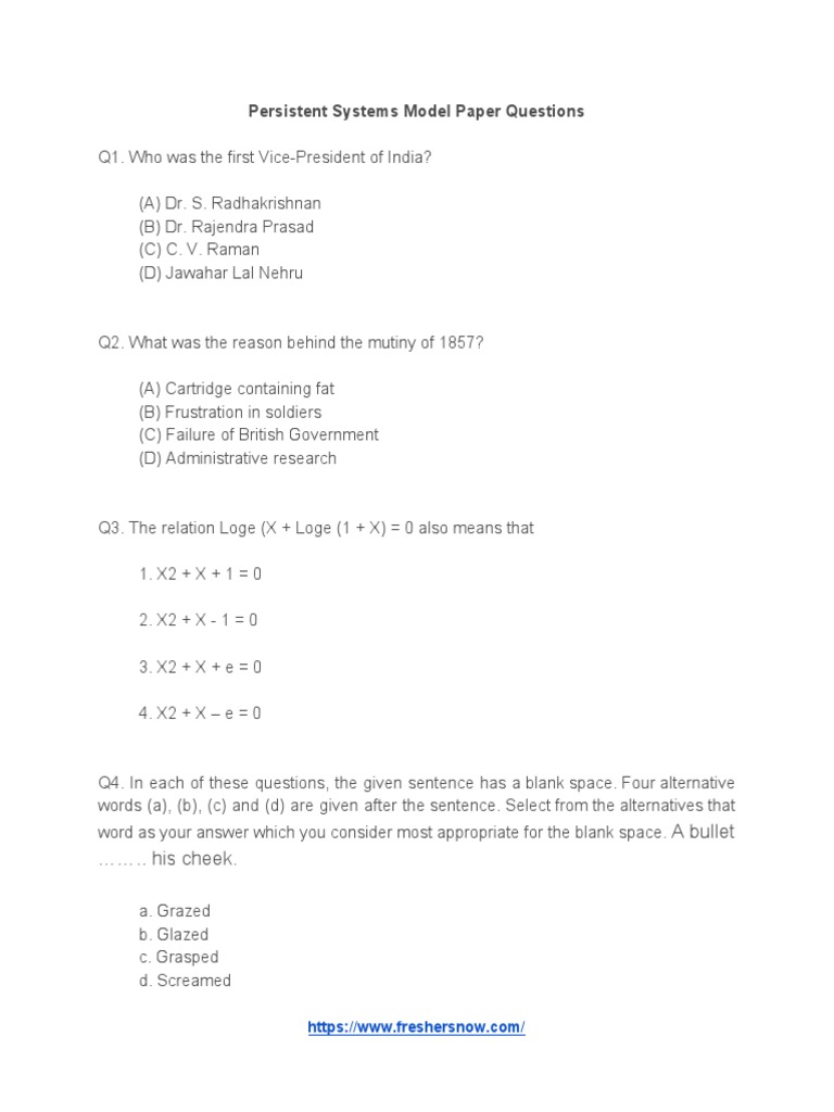 Persistent Systems Model Paper Questions: A Bullet .. His Cheek | PDF