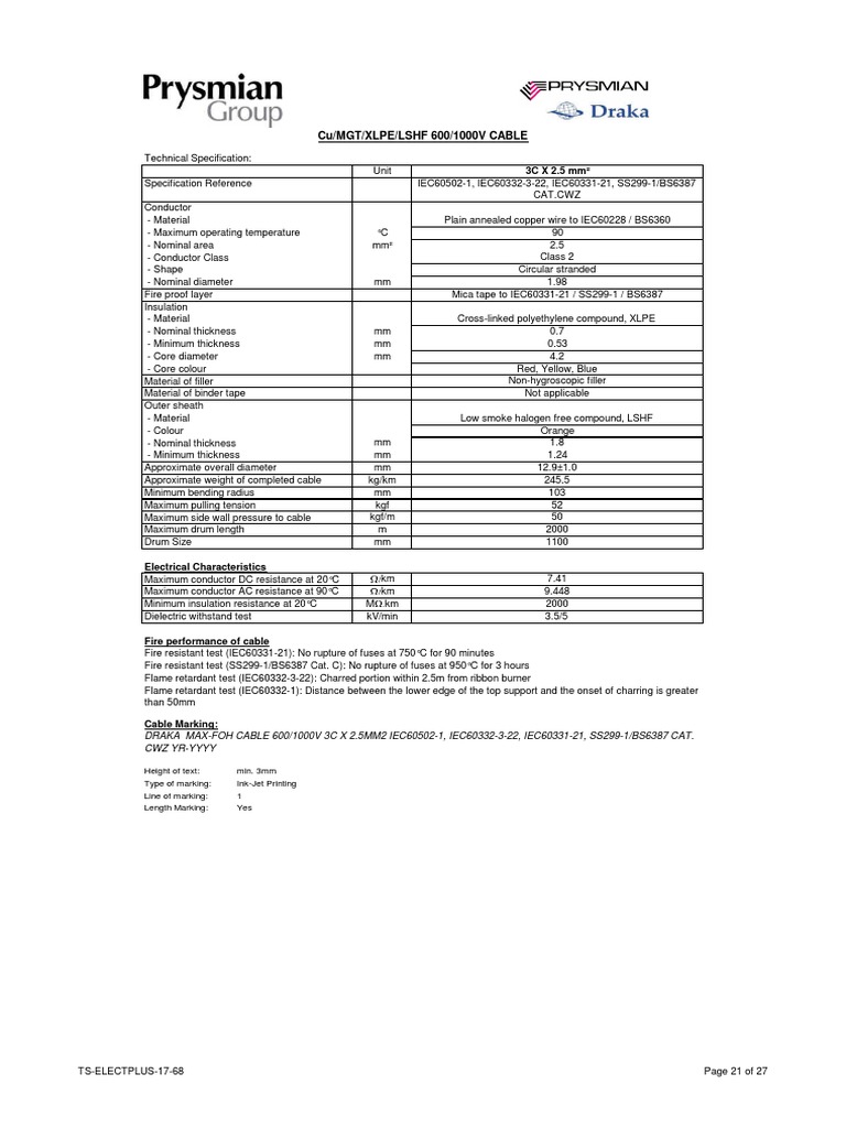 Draka 600/1000V 2.5mm² Cable Specs | PDF | Electrical Conductor ...