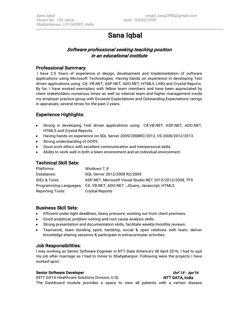 Software Developer Resume - Sana Iqbal | PDF | Microsoft Sql Server ...