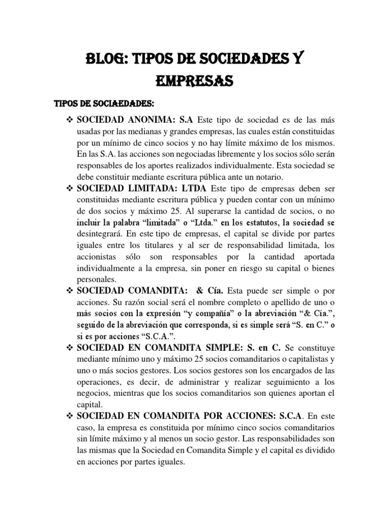 Tipos de sociedades en empresas | PDF | Sociedad de responsabilidad ...
