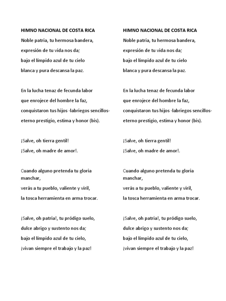 Himno Nacional De Costa Rica Himno Nacional De Costa Rica