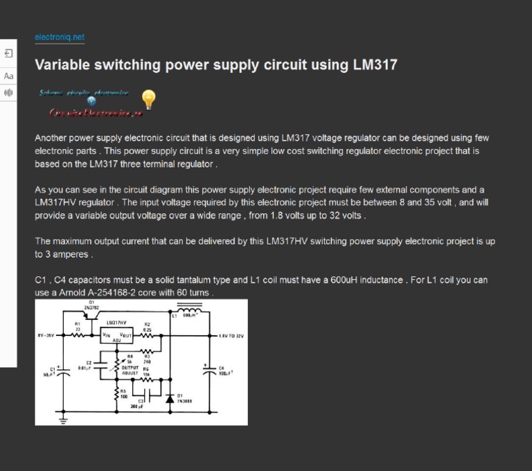 Variable Switching Power Supply Circuit Using LM317HV | PDF
