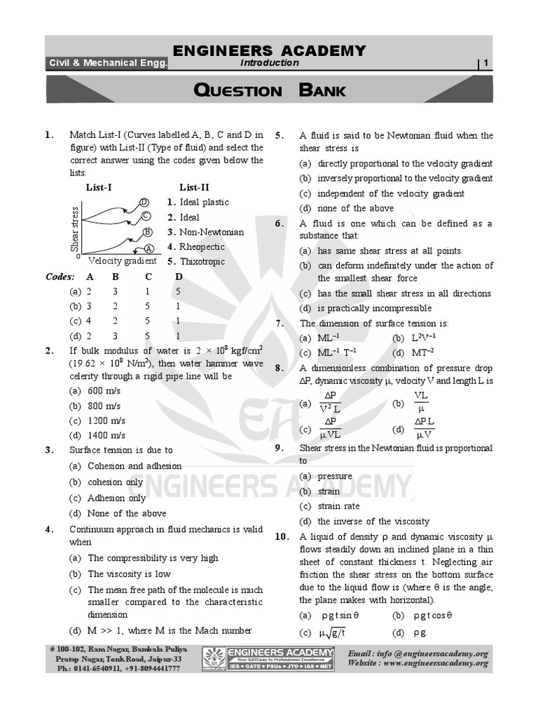 Fluid Mechanics Question Bank | PDF | Viscosity | Liquids