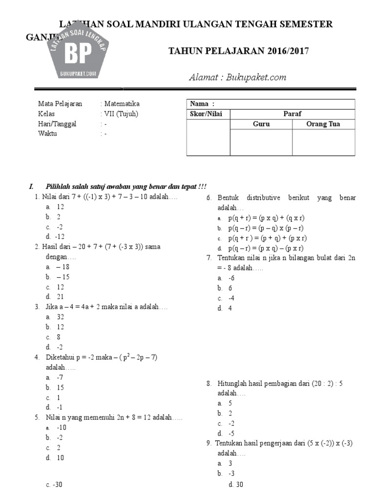 358324099 Latihan Soal Uts Matematika Kelas 7 Semester 1 Converted
