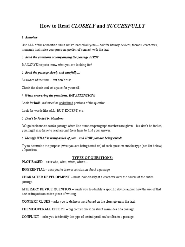 How To Read Closely and Succesfully: Types of Questions | PDF | Nature