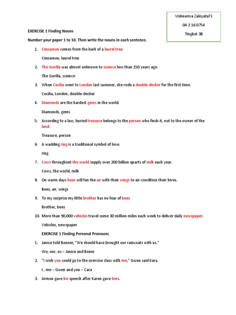 Cinnamon Laurel Tree EXERCISE 1 Finding Nouns Number Your Paper 1 To