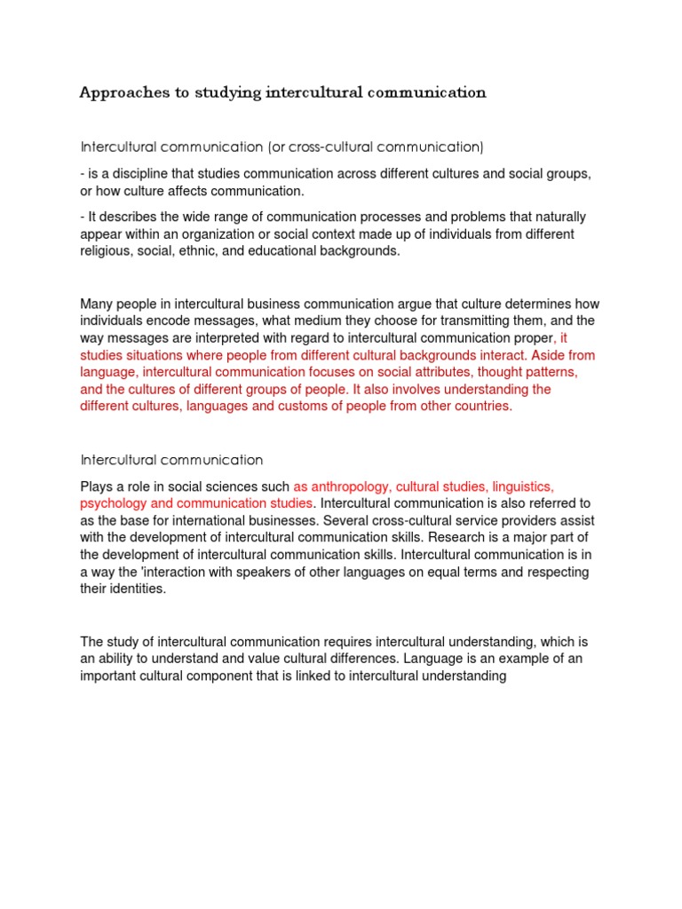 Approaches to Intercultural Communication | PDF | Cross Cultural ...