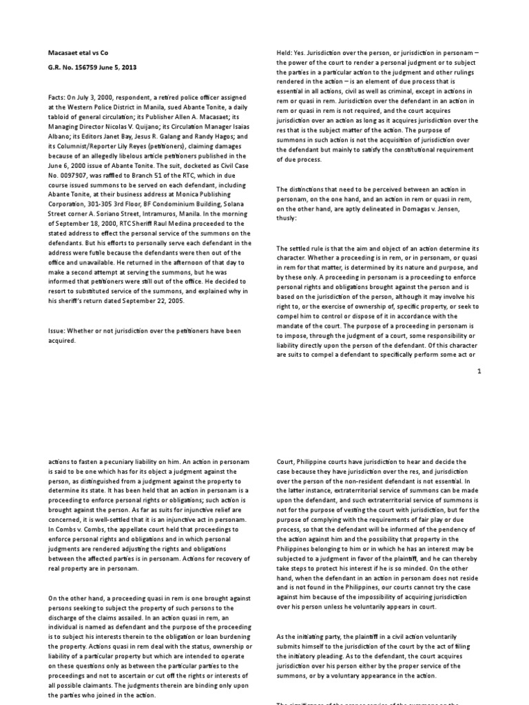 Jurisdiction in Personam Proper Service of Summons is Essential to