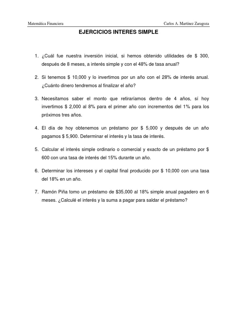 Ejercicios de Interés Simple en PDF | PDF | Negocios | Finanzas y dinero