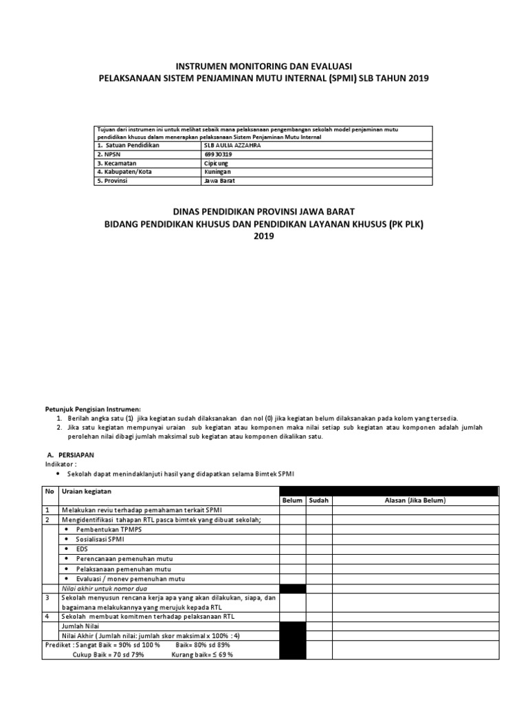 Instrumen Monitoring Dan Evaluasi Pelaksanaan Sistem Penjaminan Mutu Internal Spmi Slb Tahun 2019