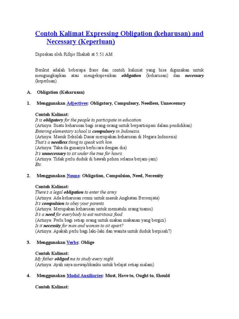 Contoh Kalimat Expressing Obligation