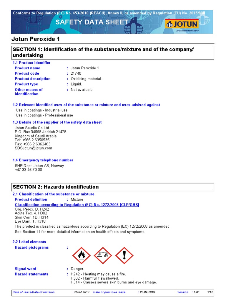 Safety Data Sheet Jotun Peroxide 1 PDF Toxicity Waste Management