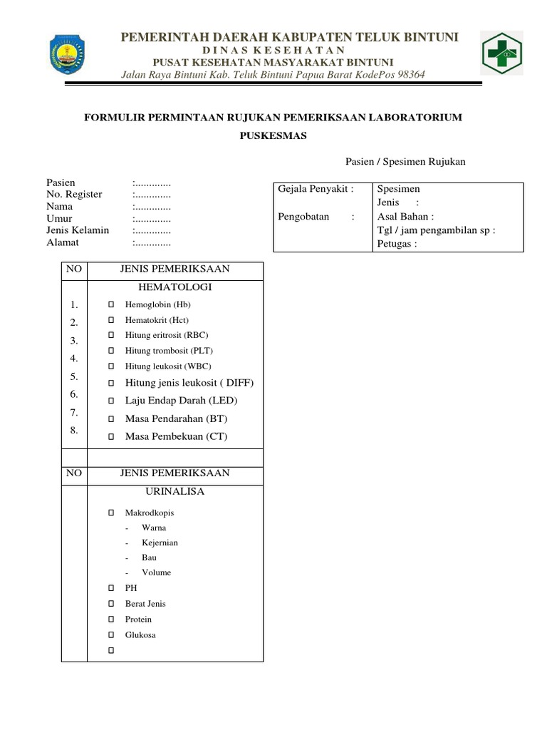 Formulir Permintaan Rujukan Pemeriksaan Laboratorium Puskesmas | PDF