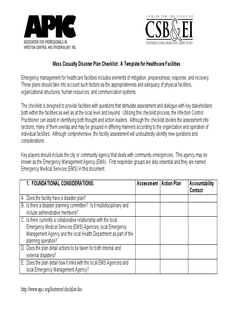 Mass Casualty Disaster Plan Checklist A Template For Healthcare