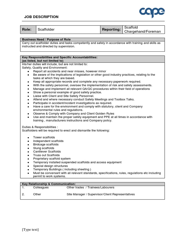 Scaffolder Scaffold Chargehand/Foreman Job Description PDF Safety