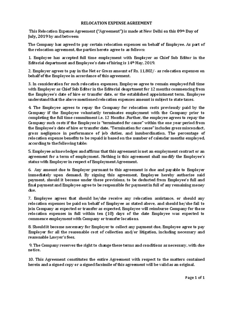 Relocation Expense Agreement July, 2019 by and Between PDF