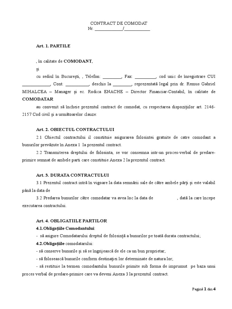 Contract de Comodat - Model | PDF