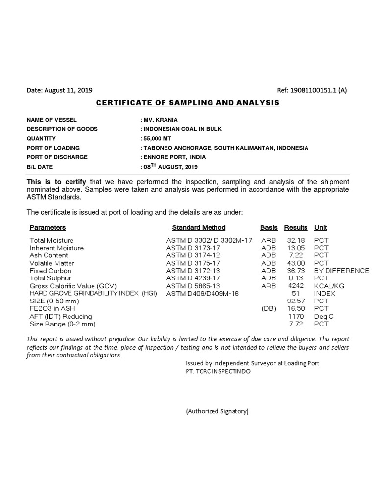 Certificate of Sampling and Analysis: Date: August 11, 2019 Ref ...