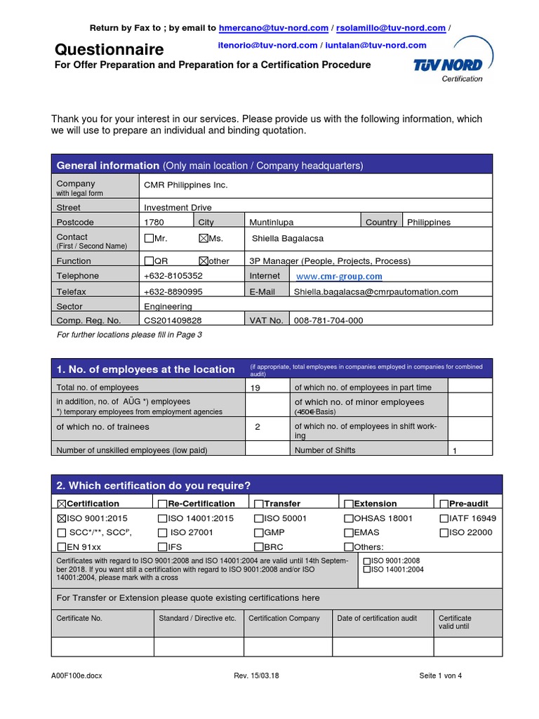 CMR Philippines Certification Questionnaire | PDF | Iso 9000 | Business
