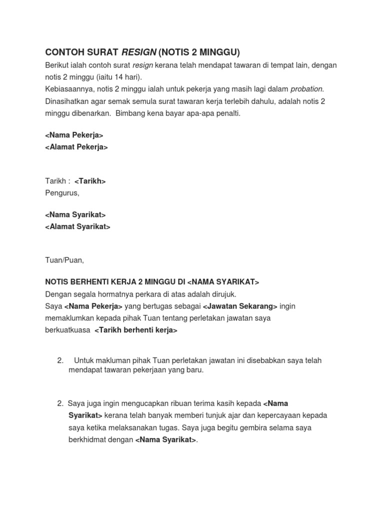 Surat Berhenti Kerja Notis Sebulan In Word