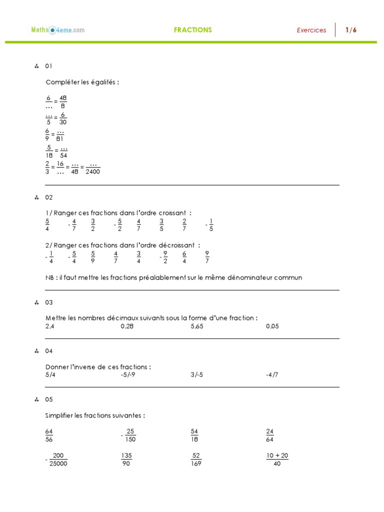 Exercice Fraction 5ème Avec Correction Pdf Fraction 100719 | PDF | Business