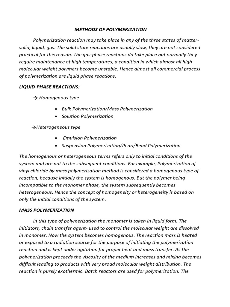 Overview of Polymerization Methods | PDF | Polymerization | Emulsion