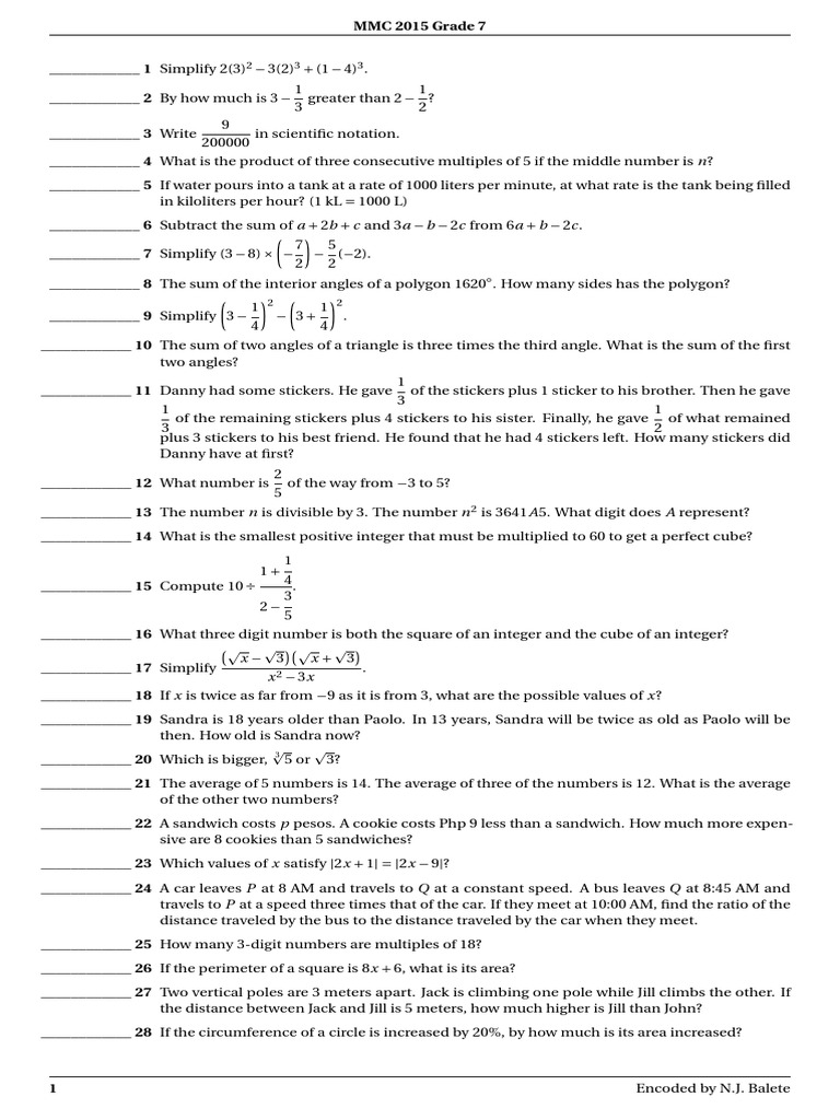 MMC 2015 Grade 7 | PDF | Number Theory | Mathematical Objects