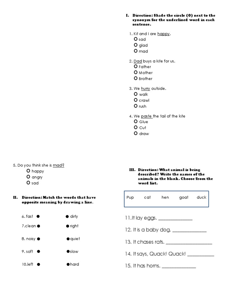Synonyms, Antonyms, Blends and Middle Sounds A Phonics Worksheet for