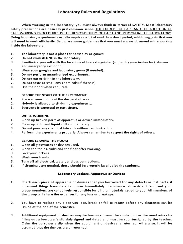 Laboratory Rules and Regulations Before The Start of The Experiment