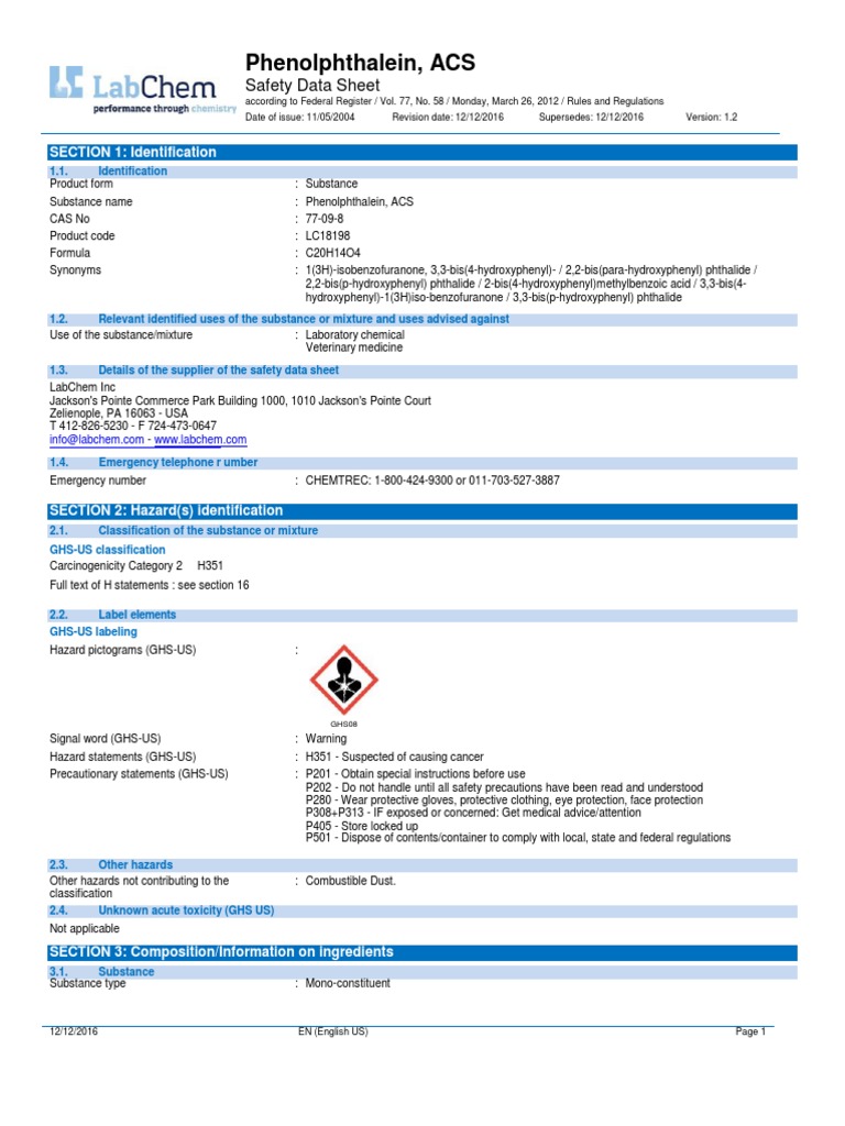 Safety Data Sheet for Phenolphthalein A Comprehensive Guide to its