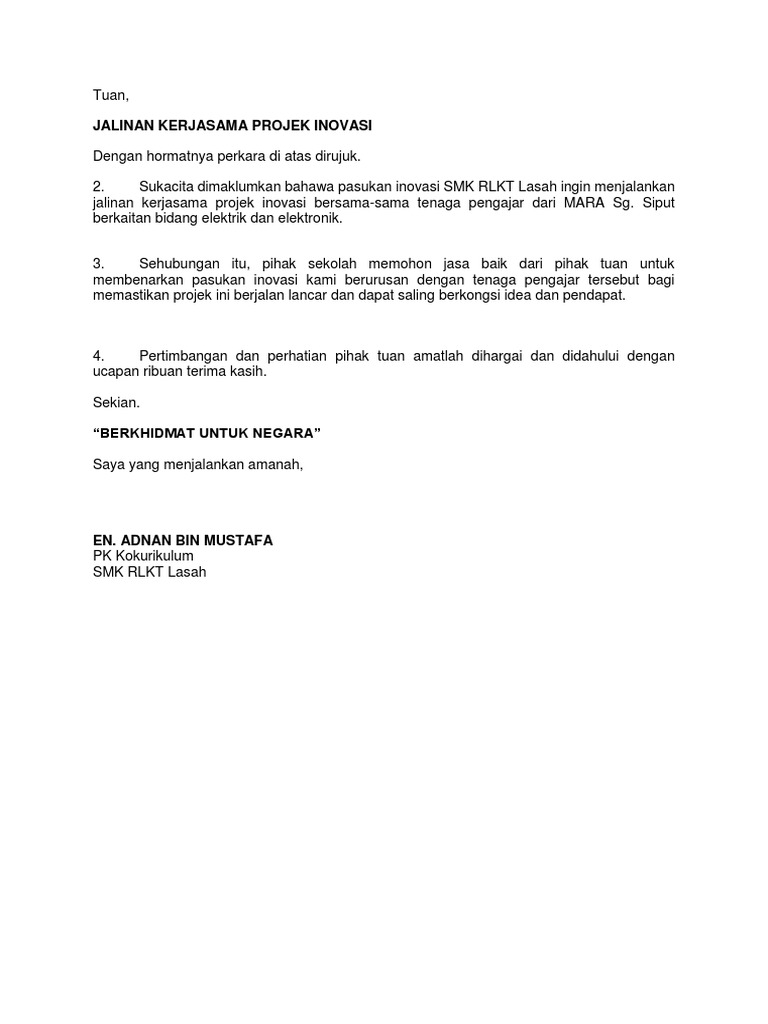 Contoh Surat Jalinan Program Sekolah Bersama Ikbn