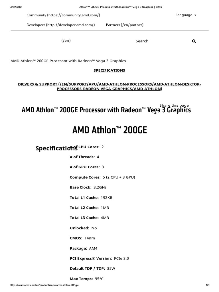 Athlon™ 200GE Processor With Radeon™ Vega 3 Graphics AMD | PDF ...