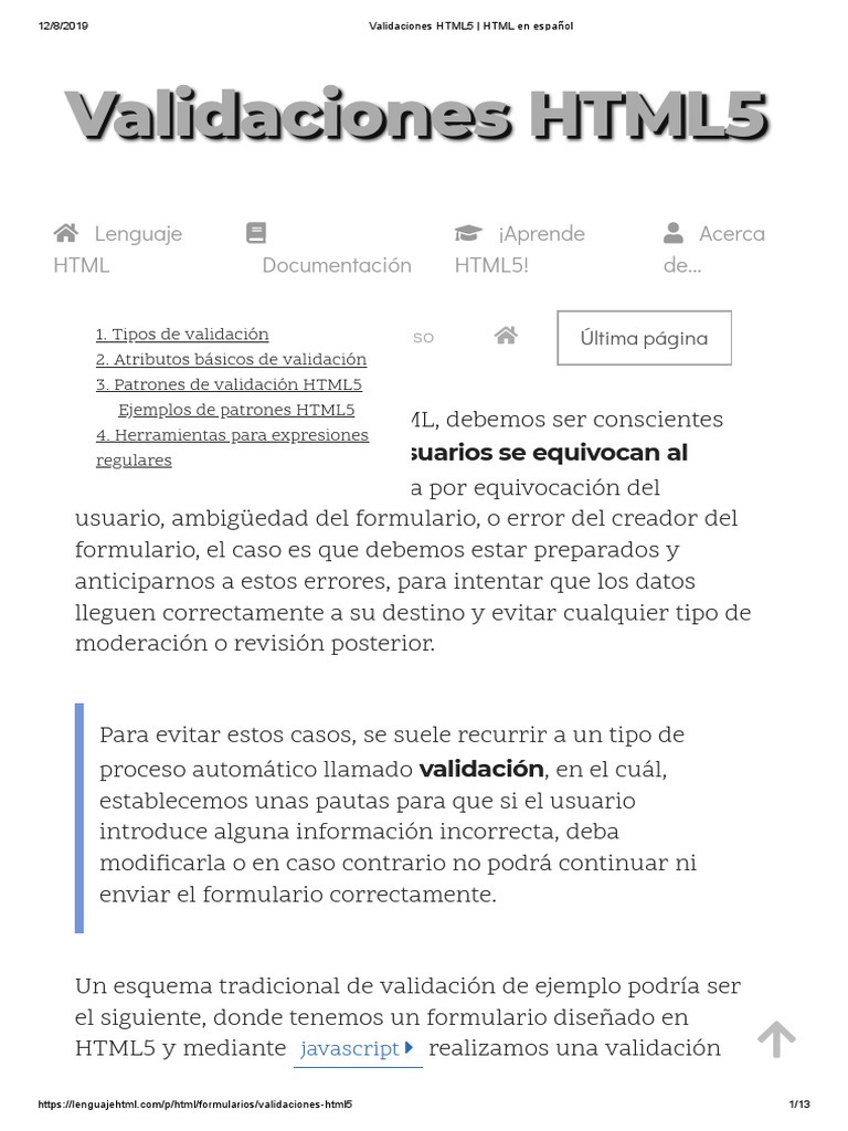 Validaciones HTML5 - HTML en Español PDF | PDF | Expresión regular ...