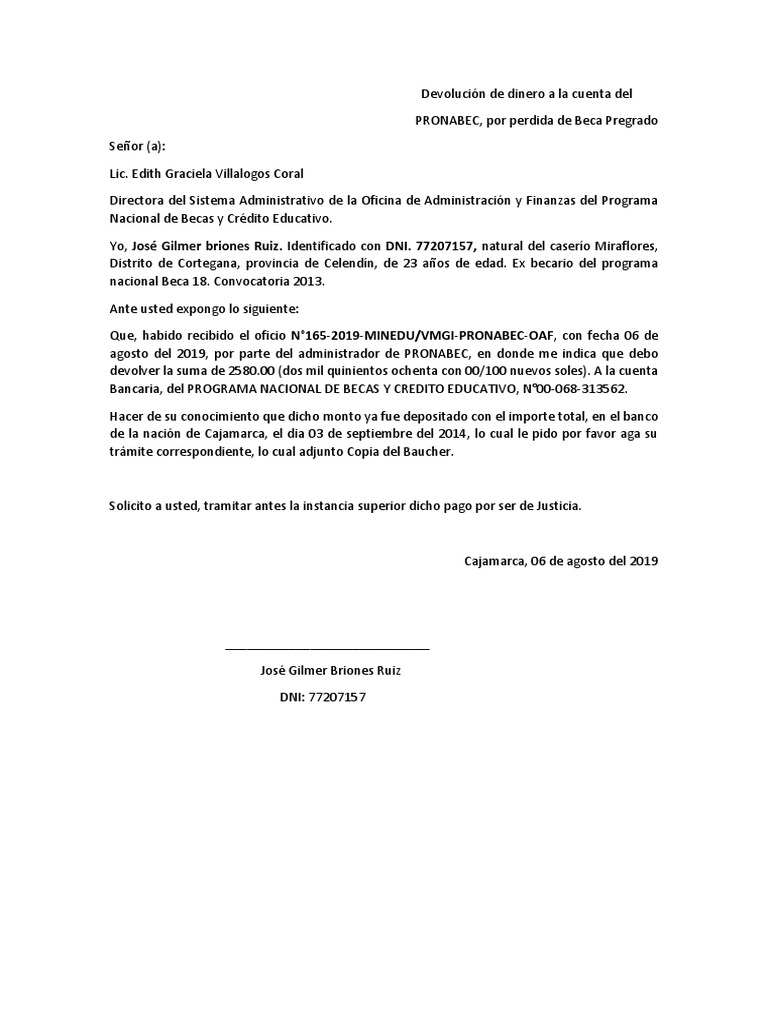 Carta de Devolucion de Dinero PDF