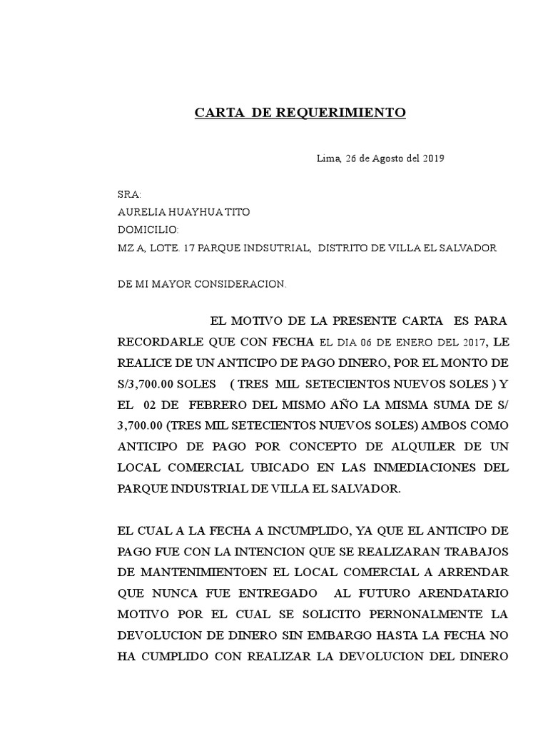 Carta de Requerimiento de Pago