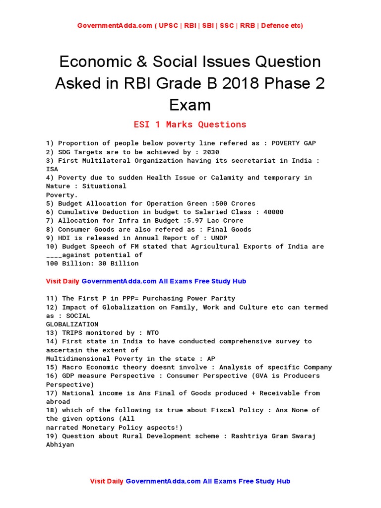 ESI Questions for RBI Grade B Phase 2 | PDF | Poverty | Poverty ...