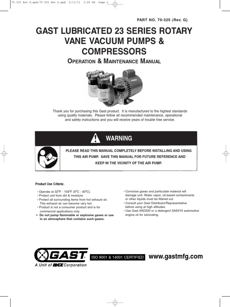 Gast Lubricated 23 Series Rotary Vane Vacuum Pumps & Compressors | PDF ...