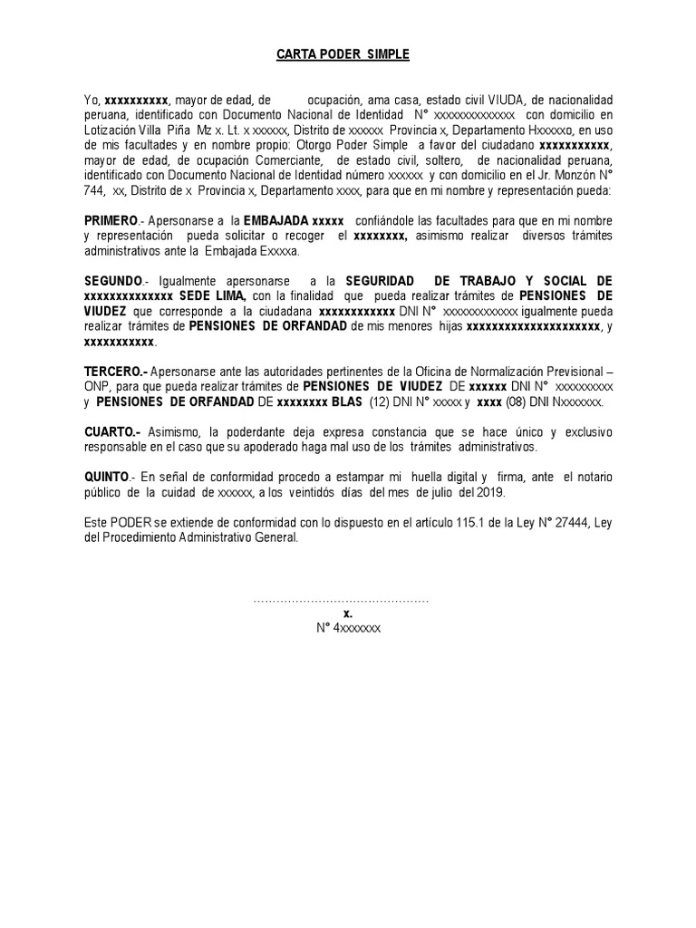 Carta Poder Simple para Trámites ONP | PDF