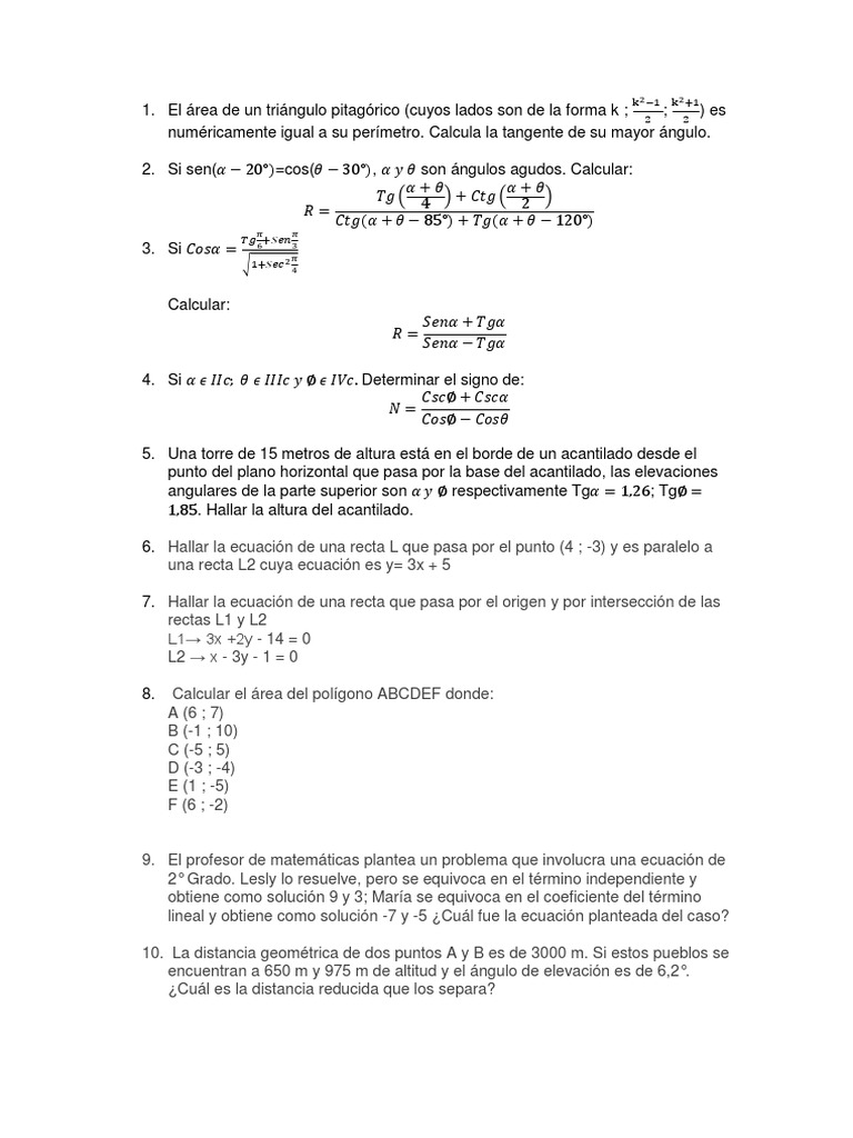 Problemas de Ángulos y Elevaciones | PDF | Triángulo | Objetos matemáticos