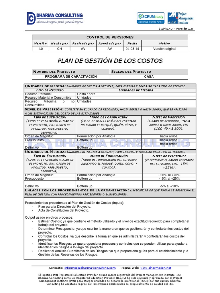 Plan de Gestión de Costos del Proyecto | PDF | Presupuesto ...
