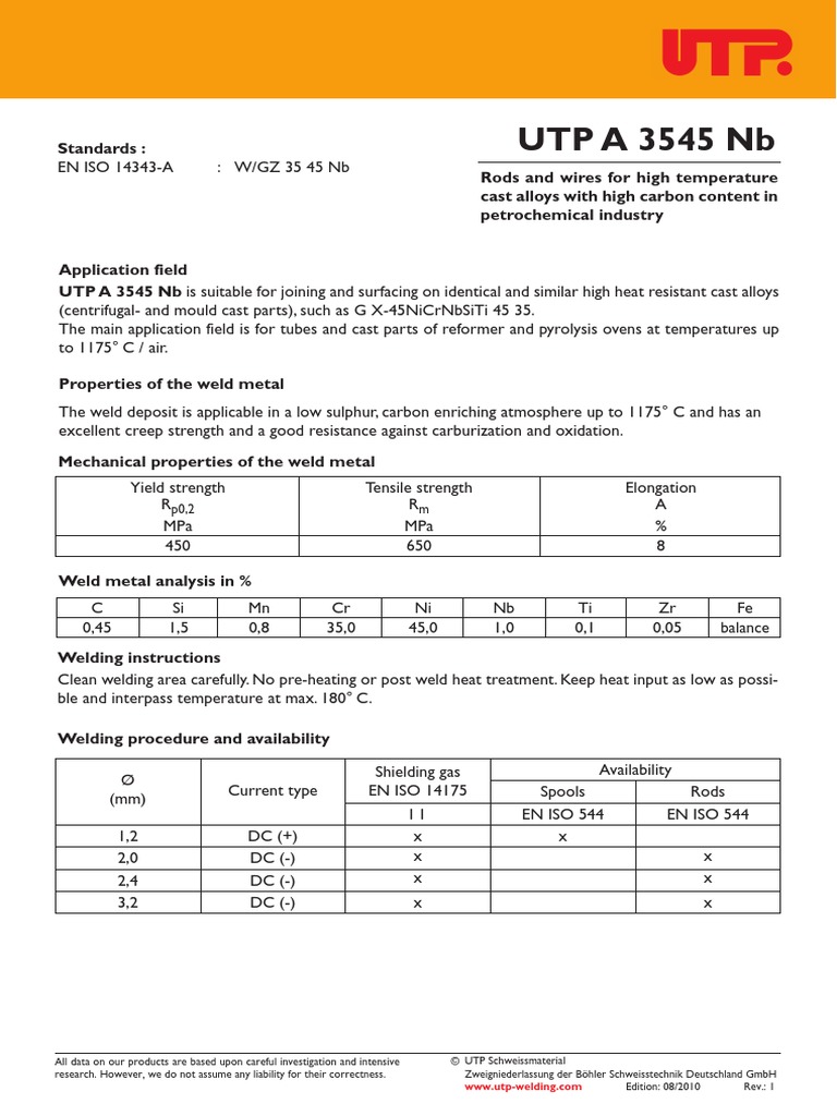 UTP A 3545 NB PDF | Download Free PDF | Welding | Construction