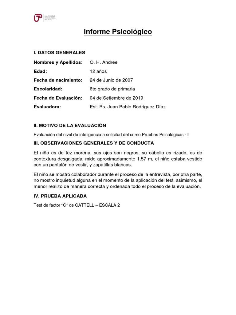Informe del Test de Cattell Escala 2 | PDF | Cociente de inteligencia ...